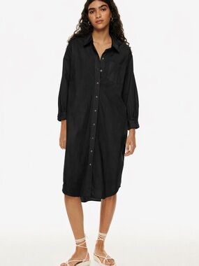 Aritzia Wilfred Free Relaxed Poplin Dress Long Sleeve Button Up Black Size Small